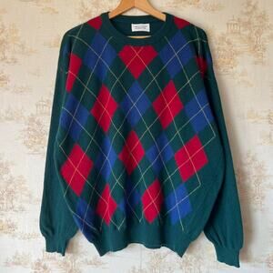 Vintage 90s Benetton Argyle Crewneck Sweater | Italian Lambswool Blend | Size L